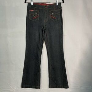 Y2K Mudd Girls 14 Dark Wash Low Rise Red Stitching Flare Jeans